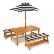 Стол с двумя скамейками и зонтом (сине-белые полосы)